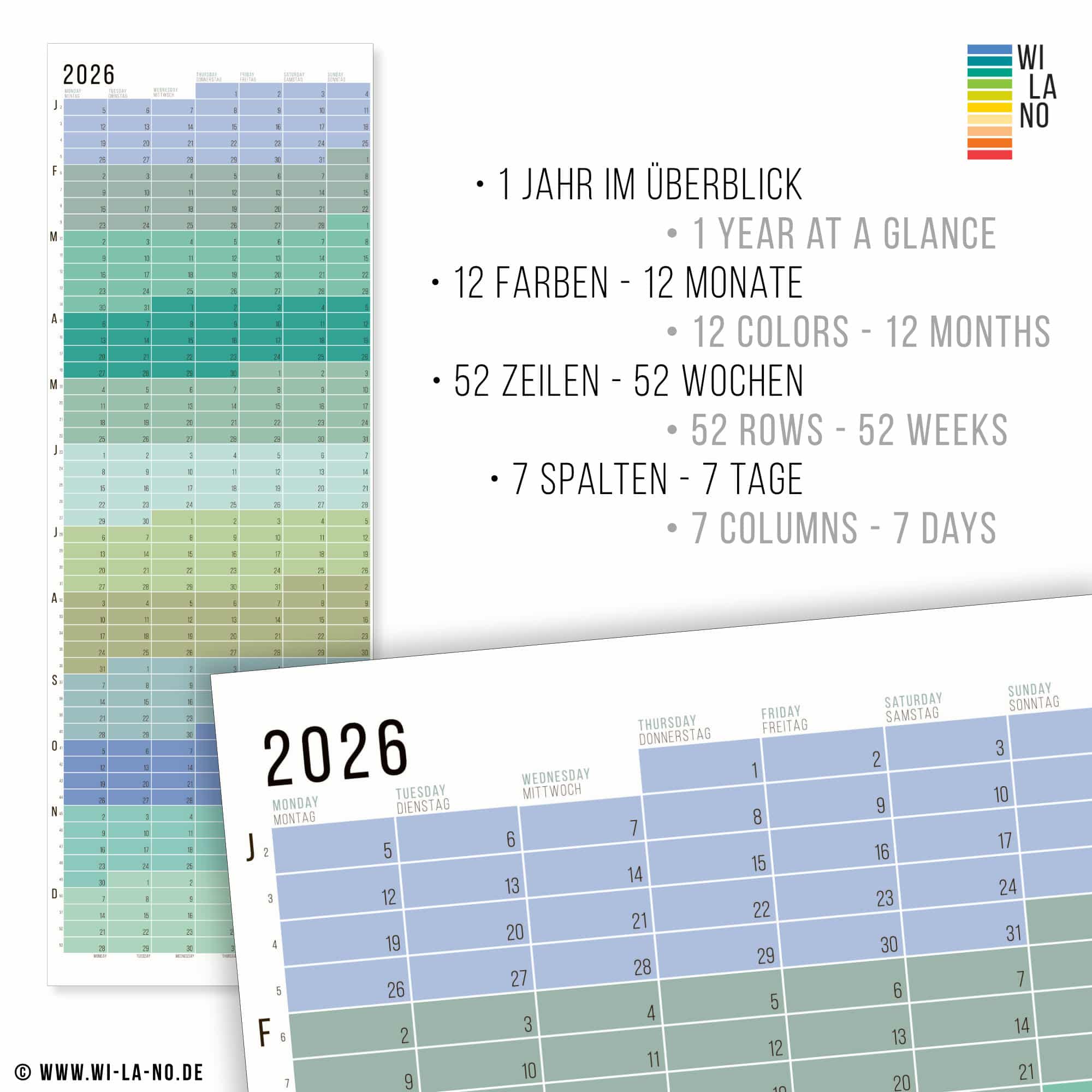 Wandkalender 2026 von Wi-La-No Pastell Kalender Jahresplaner 2026 Homeoffice Wallplanner Designkalender