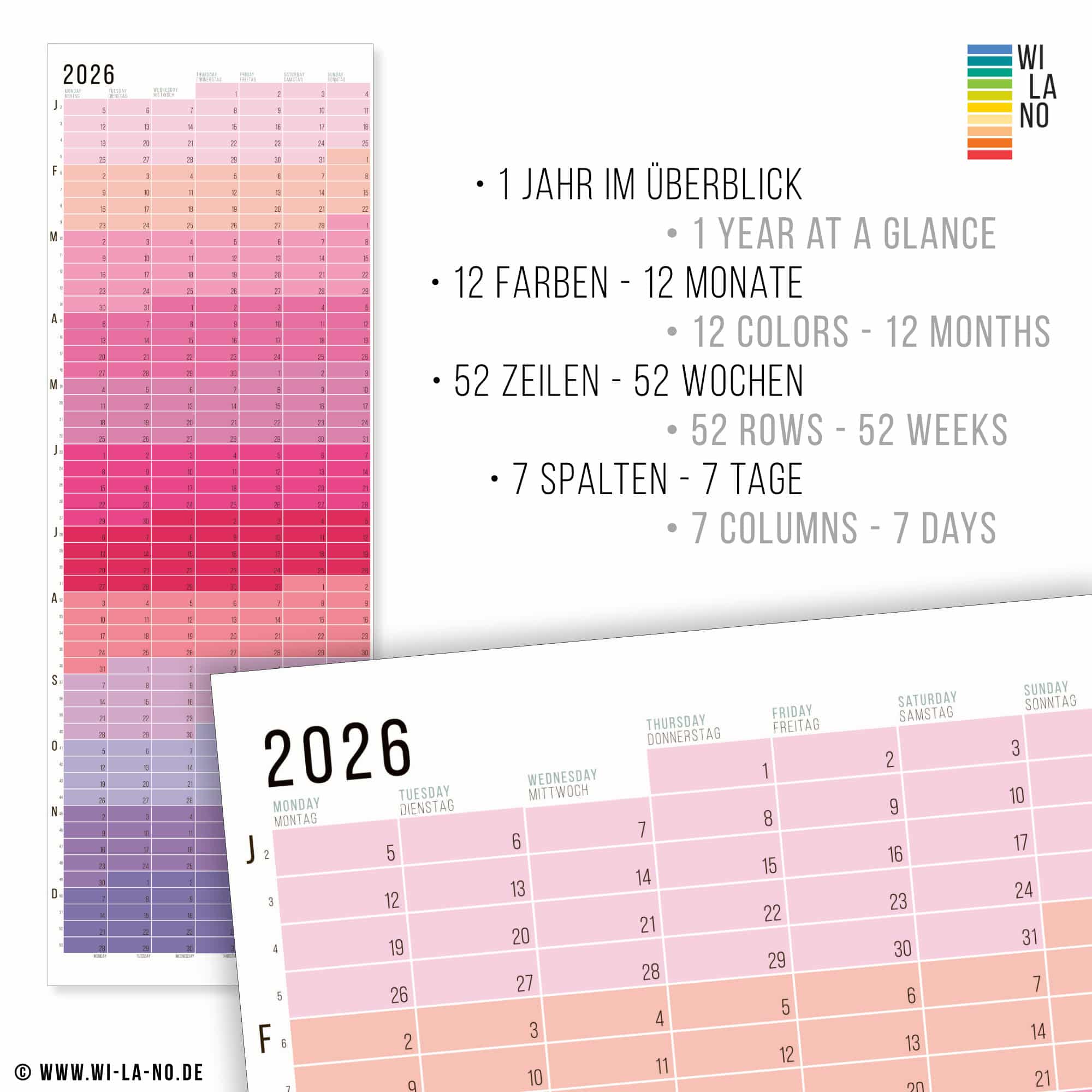 Wandkalender 2026 von Wi-La-No Pink Kalender Jahresplaner 2026 Homeoffice Wallplanner Designkalender