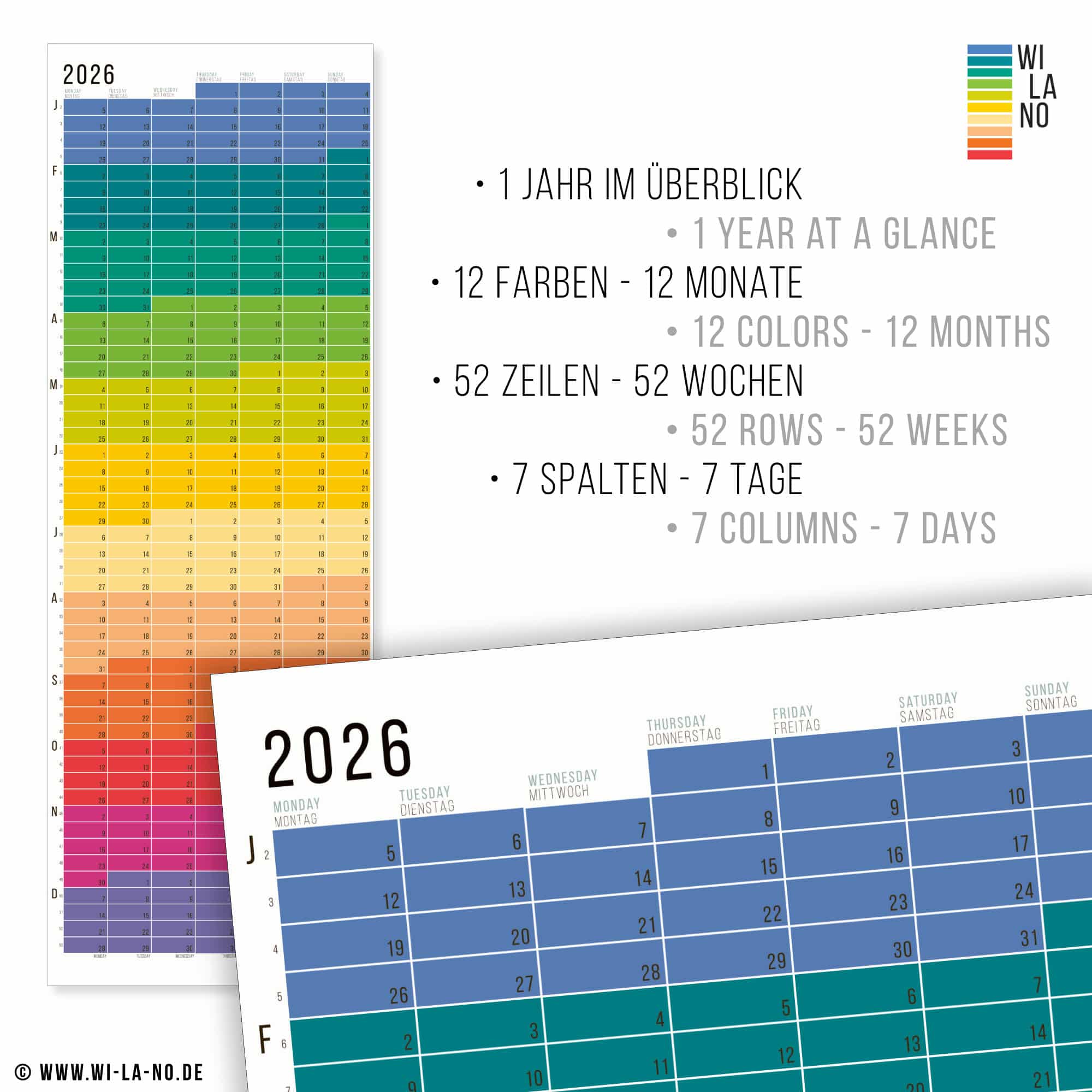 Wandkalender 2026 von Wi-La-No Rainbow Kalender Jahresplaner 2026 Homeoffice Wallplanner Designkalender