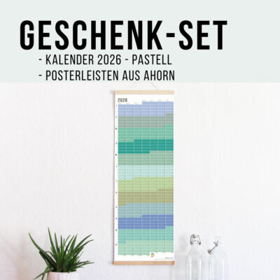 Geschenk-Set mit Wi-La-No-Kalender in Pastell und passender, edler Posterleiste aus Ahorn