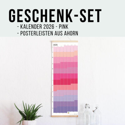 Geschenk-Set mit Wi-La-No-Kalender in Pink und passender, edler Posterleiste aus Ahorn