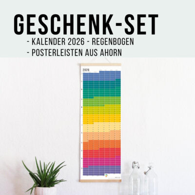 Geschenk-Set mit Wi-La-No-Kalender in Regenbogen und passender, edler Posterleiste aus Ahorn