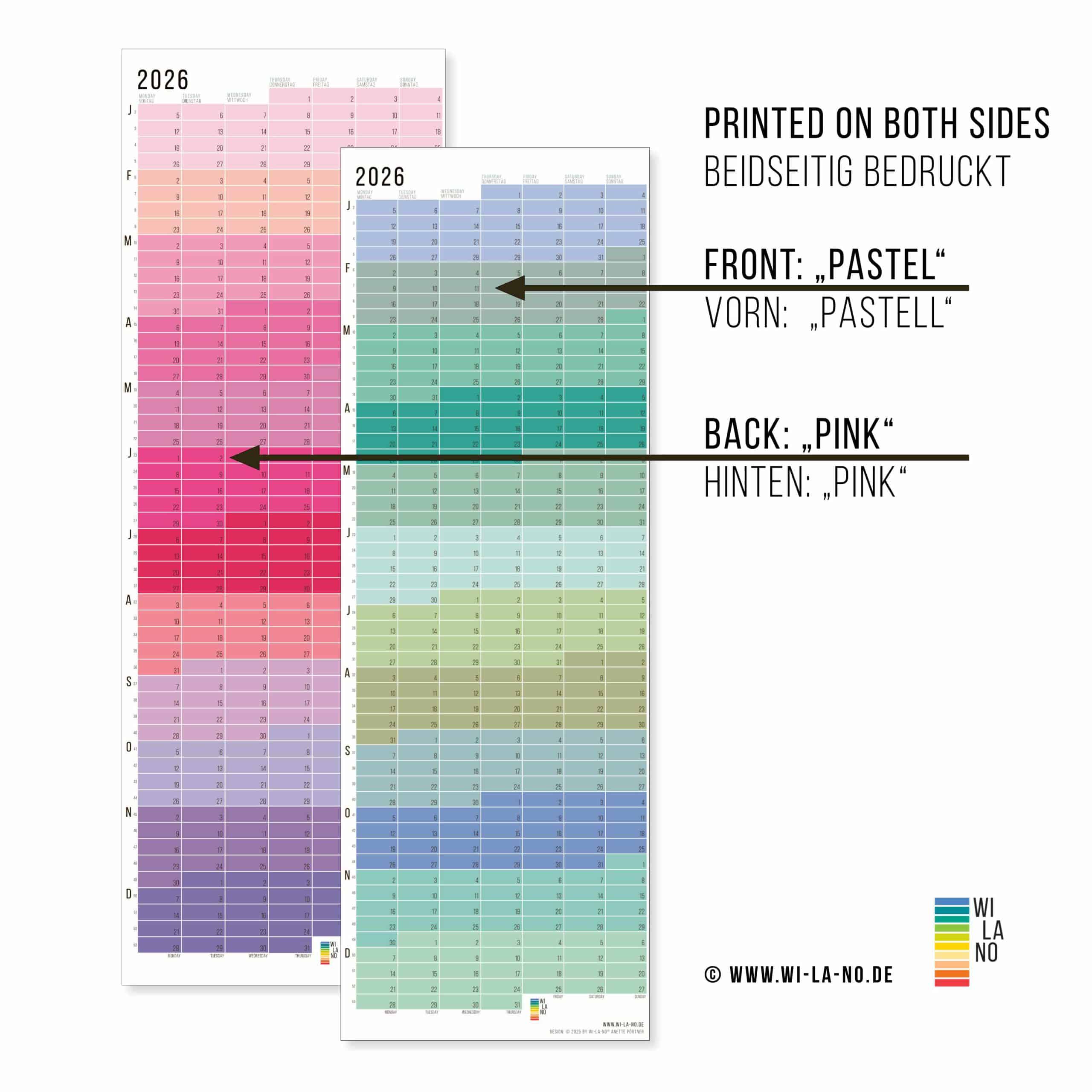 Wandkalender 2026 von Wi-La-No Pink Pastell Türkis Salbei Kalender Jahresplaner 2026 Homeoffice Wallplanner Designkalender