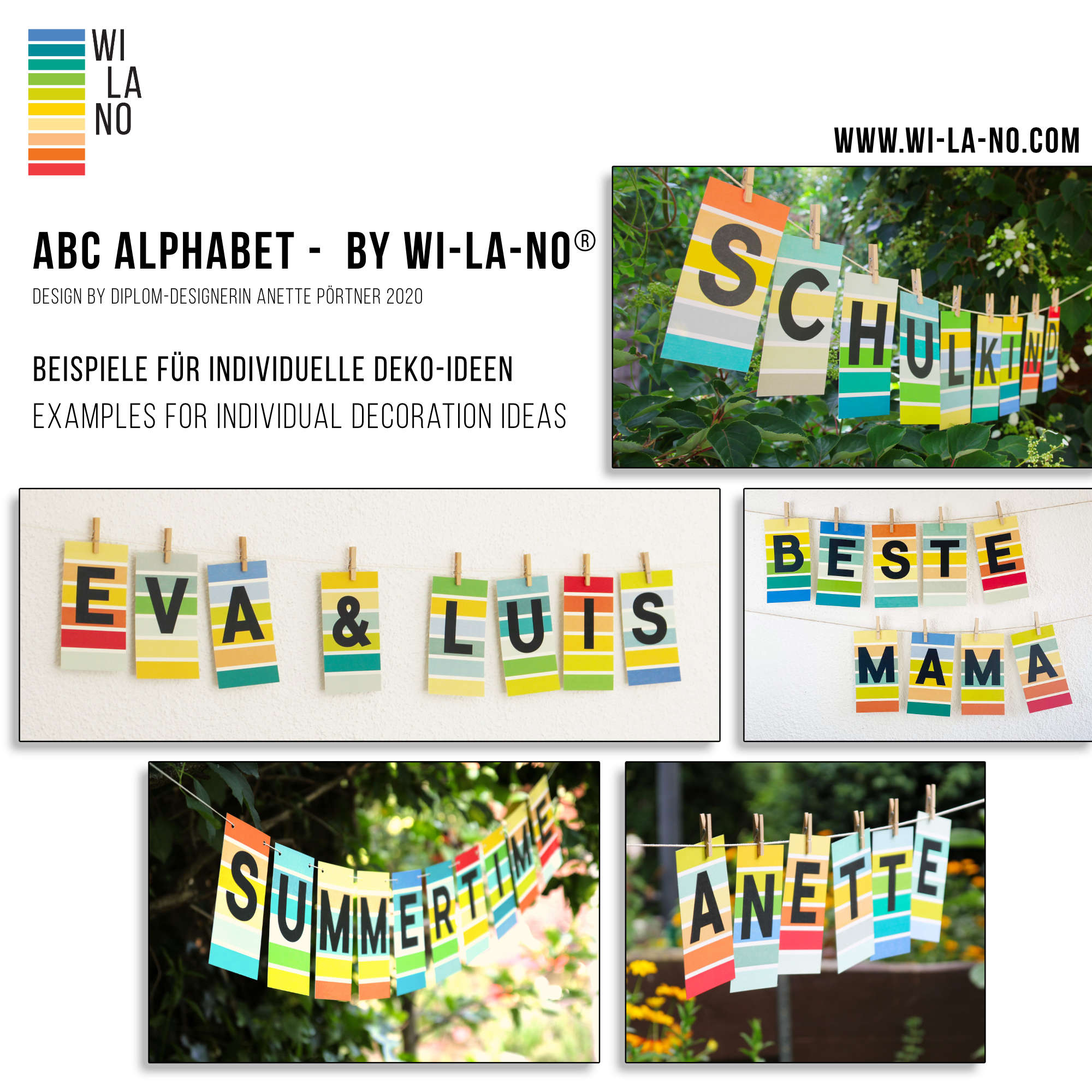 Postkarte Buchstabe Bunt gestreiftes Alphabet Buchstabengirlande