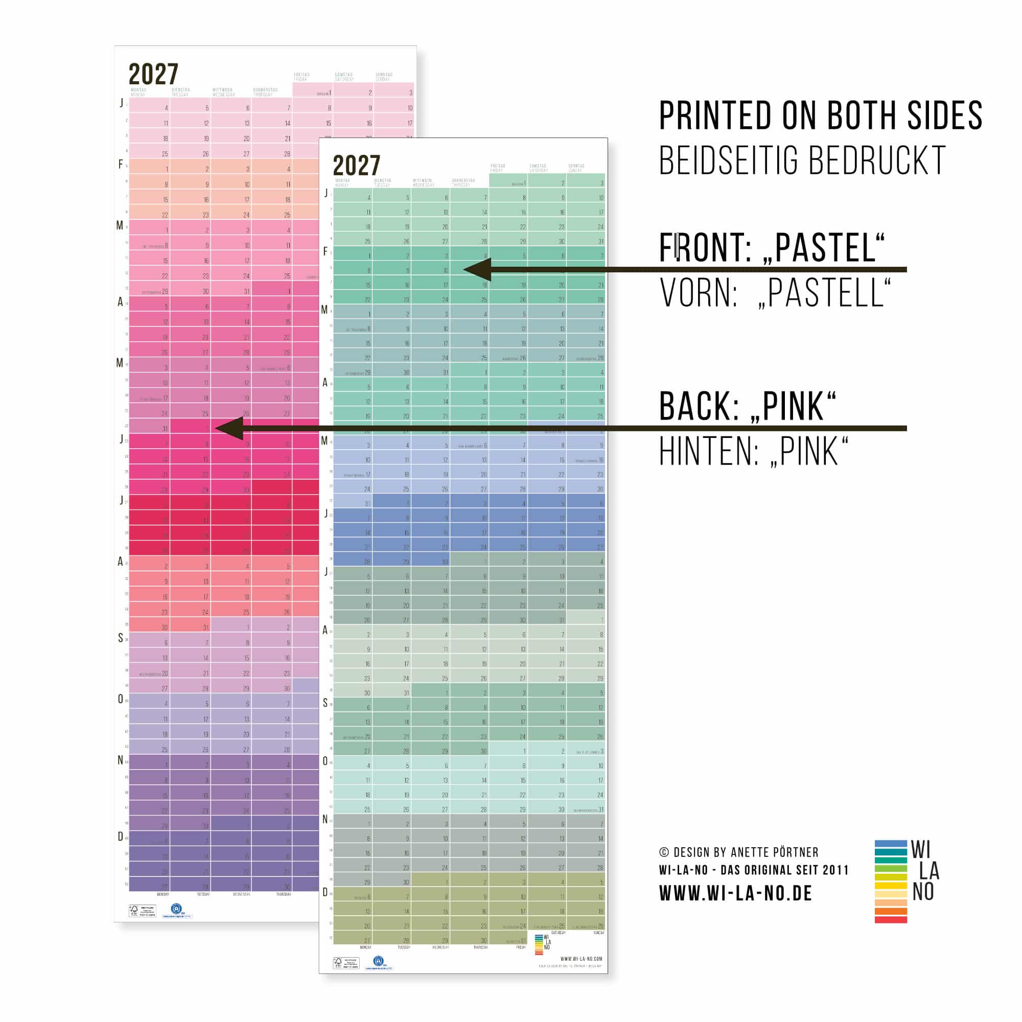 Wandkalender 2027 von Wi-La-No Pastell und Pink Kalender Jahresplaner 2027 Homeoffice Wallplanner Designkalender