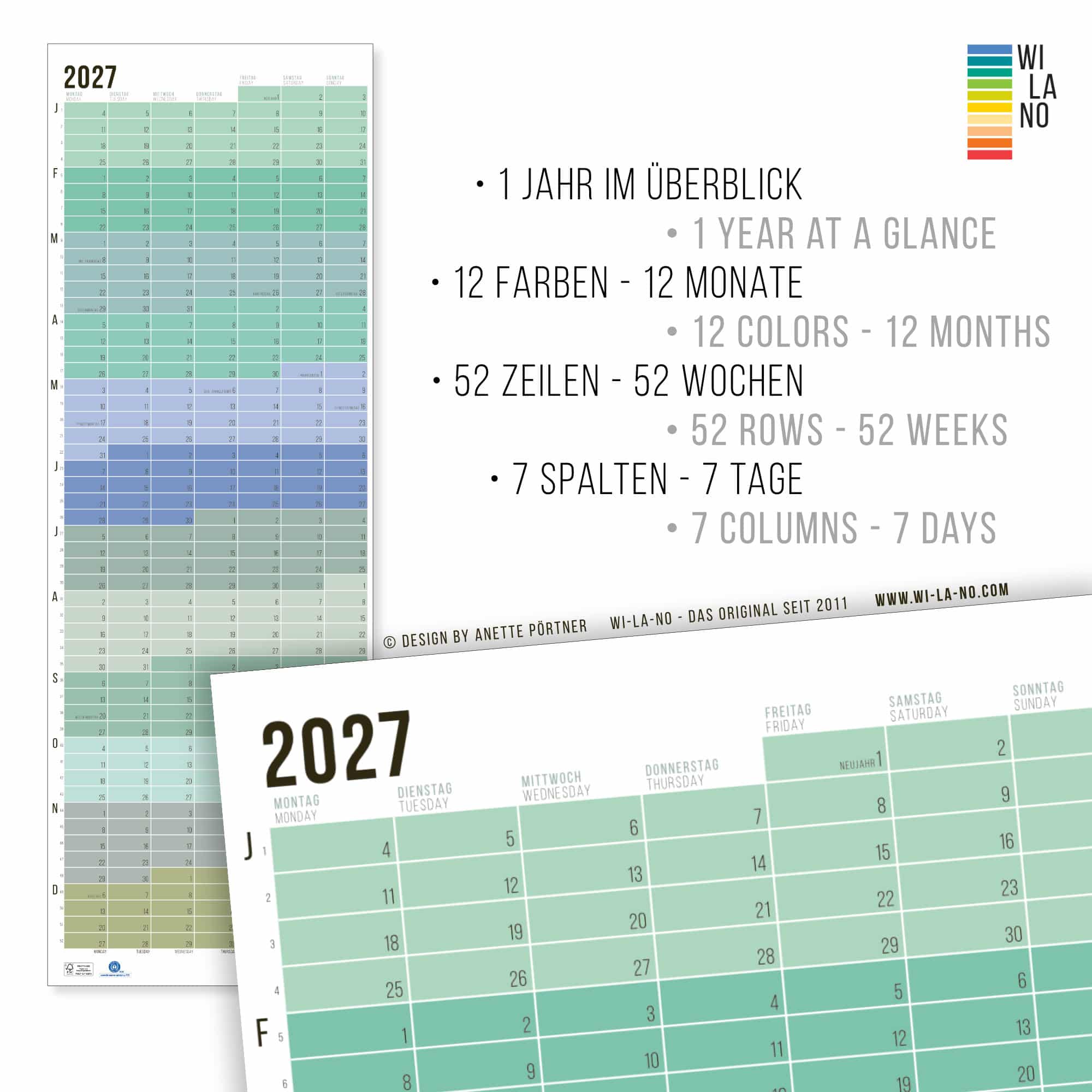 Wandkalender 2027 von Wi-La-No Pastell Kalender Jahresplaner 2027 Homeoffice Wallplanner Designkalender