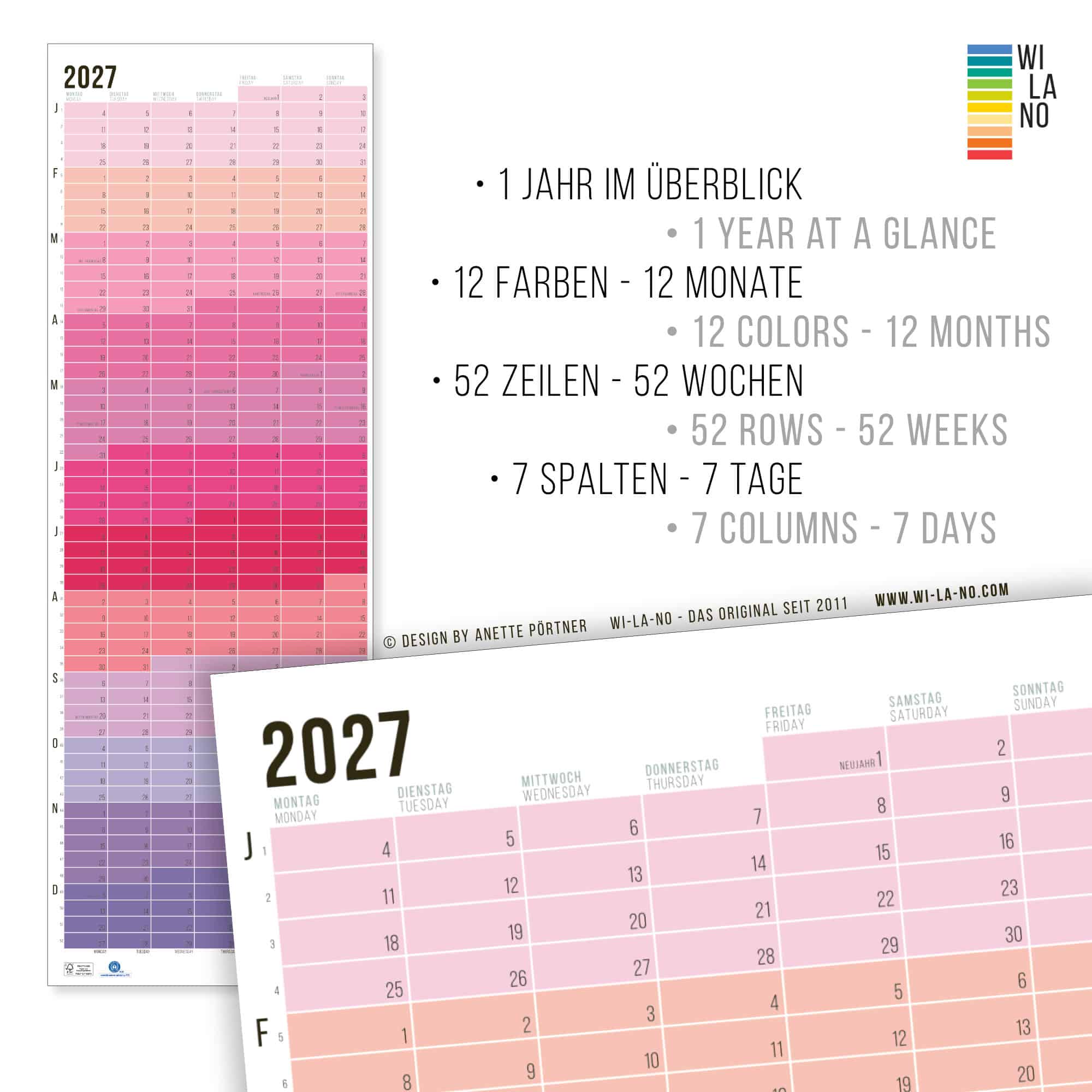 Wandkalender 2027 von Wi-La-No Pink Rosa Violett Kalender Jahresplaner 2027 Homeoffice Wallplanner Designkalender