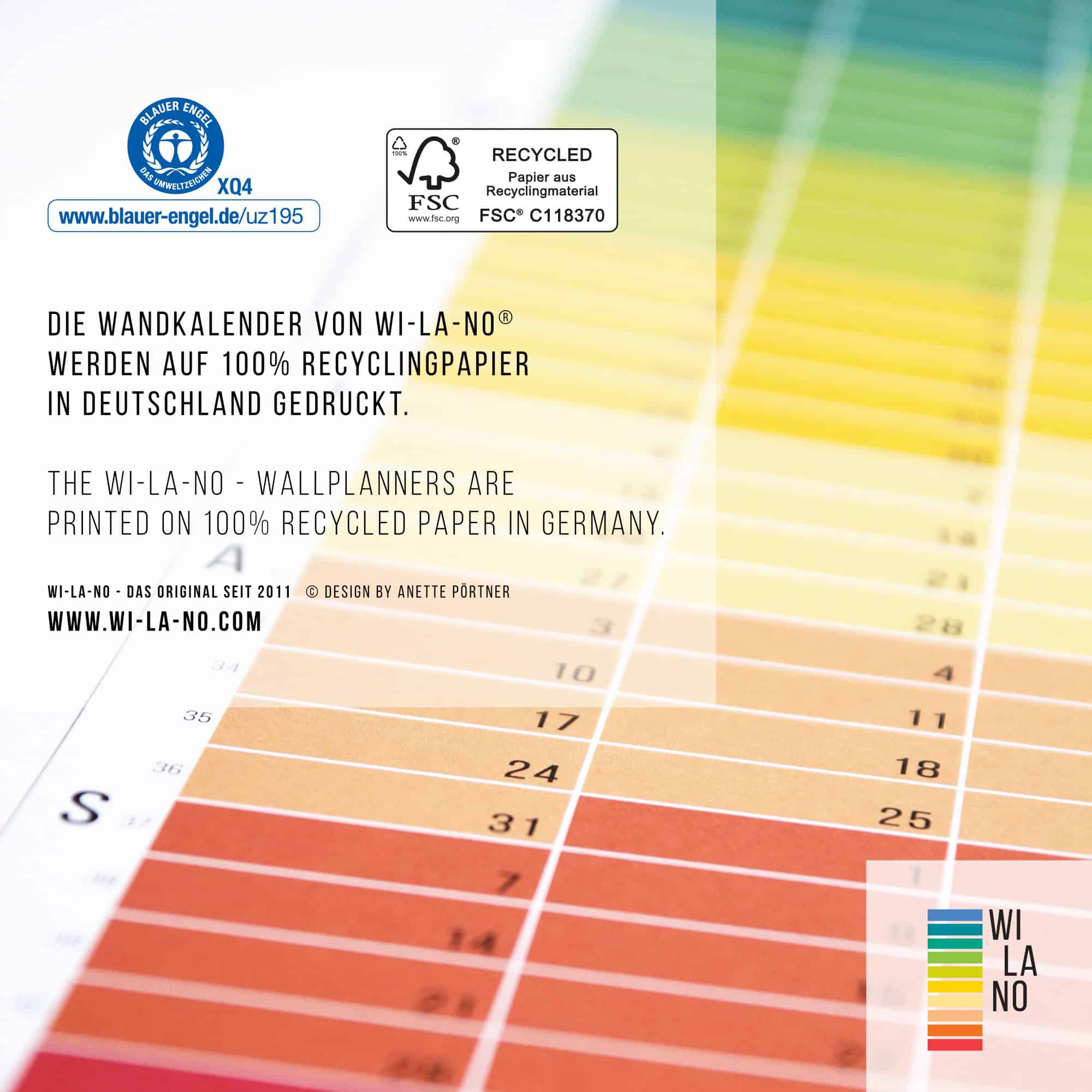 Umweltschonend hergestellt - Die Wandkalender 2027 von Wi-La-No werden Blauer-Engel-zertifiziert auf 100% Recyclingpapier mit veganen, mineralölfreien Farben gedruckt.