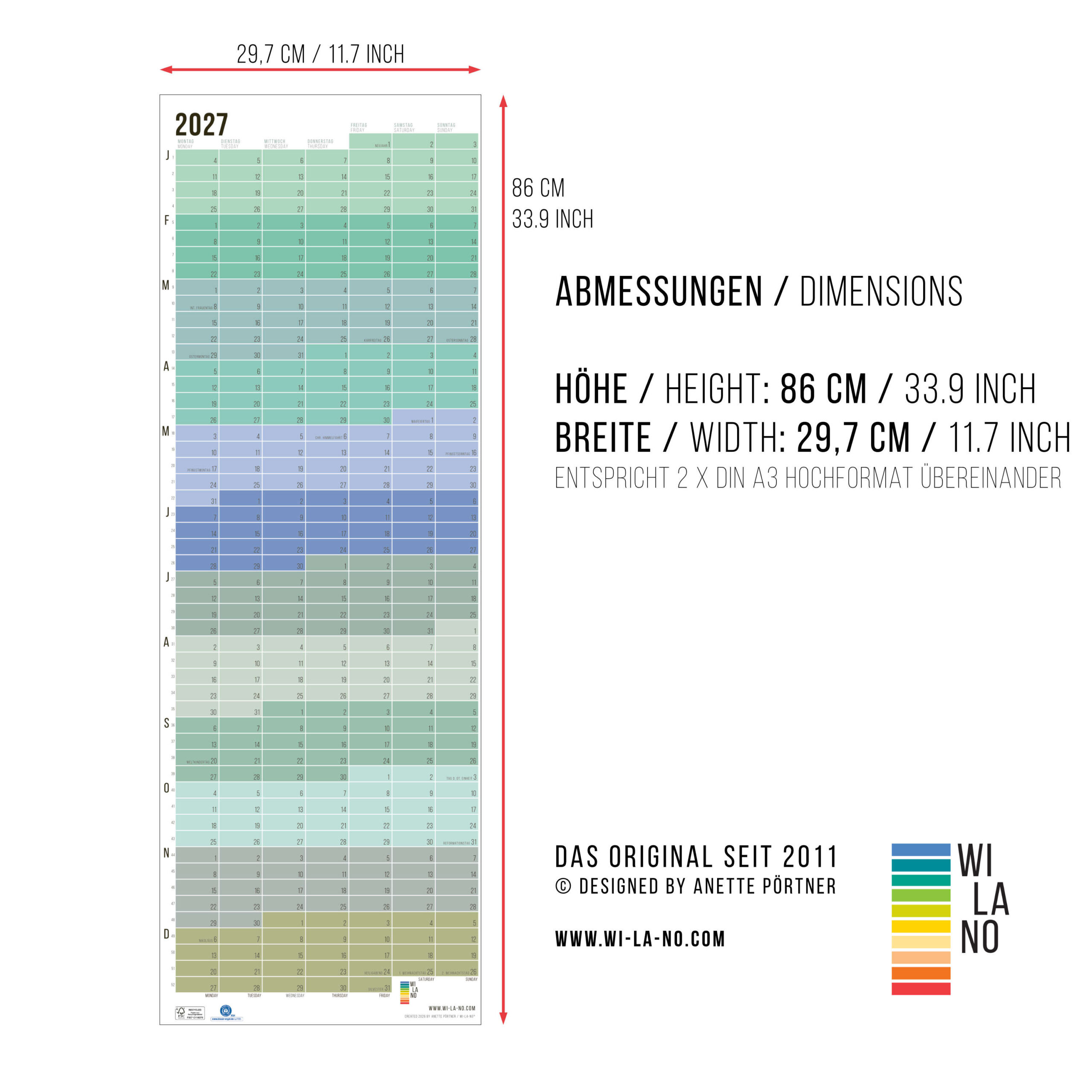 Wandkalender 2027 von Wi-La-No Pastell Kalender Jahresplaner 2027 Homeoffice Wallplanner Designkalender