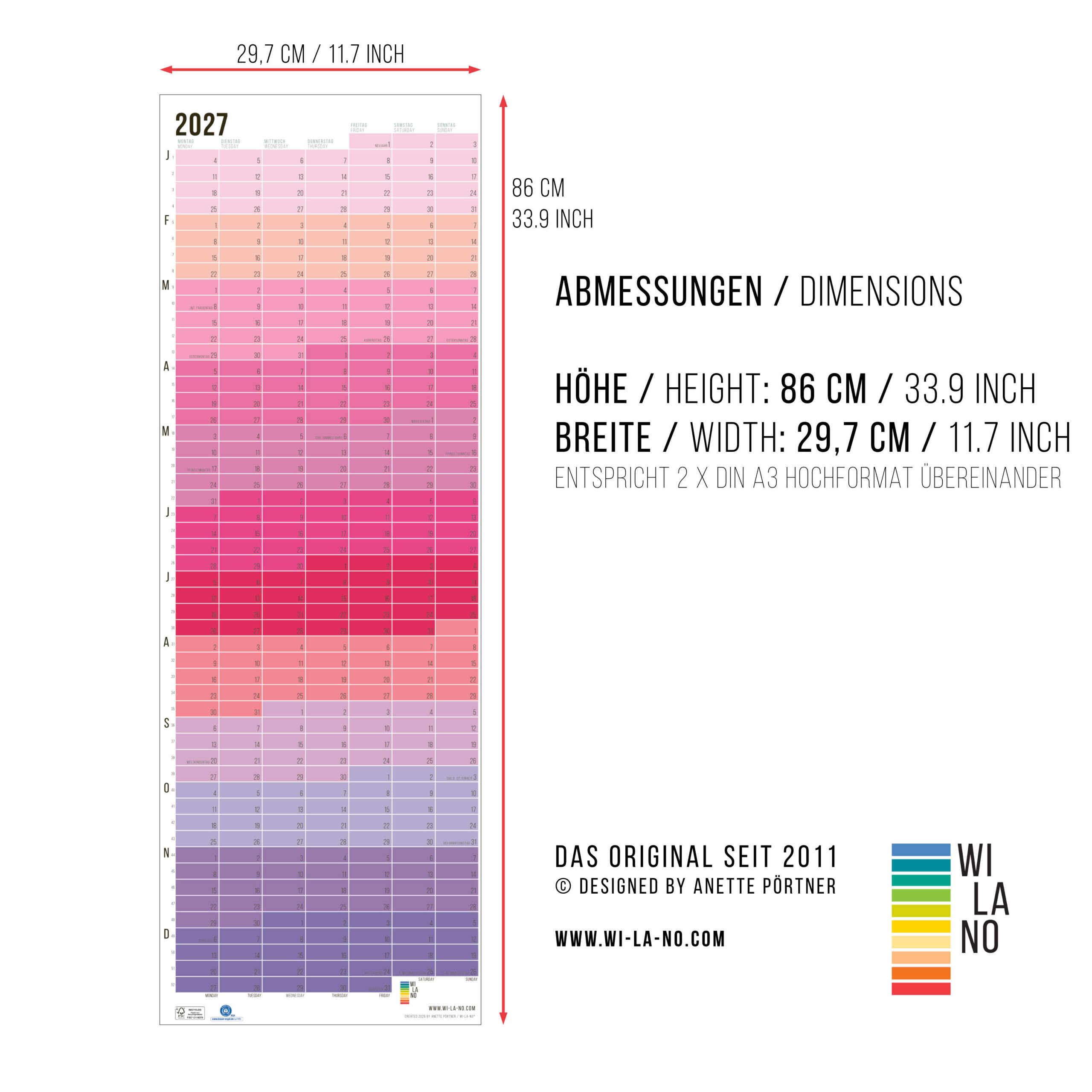 Wandkalender 2027 von Wi-La-No Pink Rosa Violett Kalender Jahresplaner 2027 Homeoffice Wallplanner Designkalender