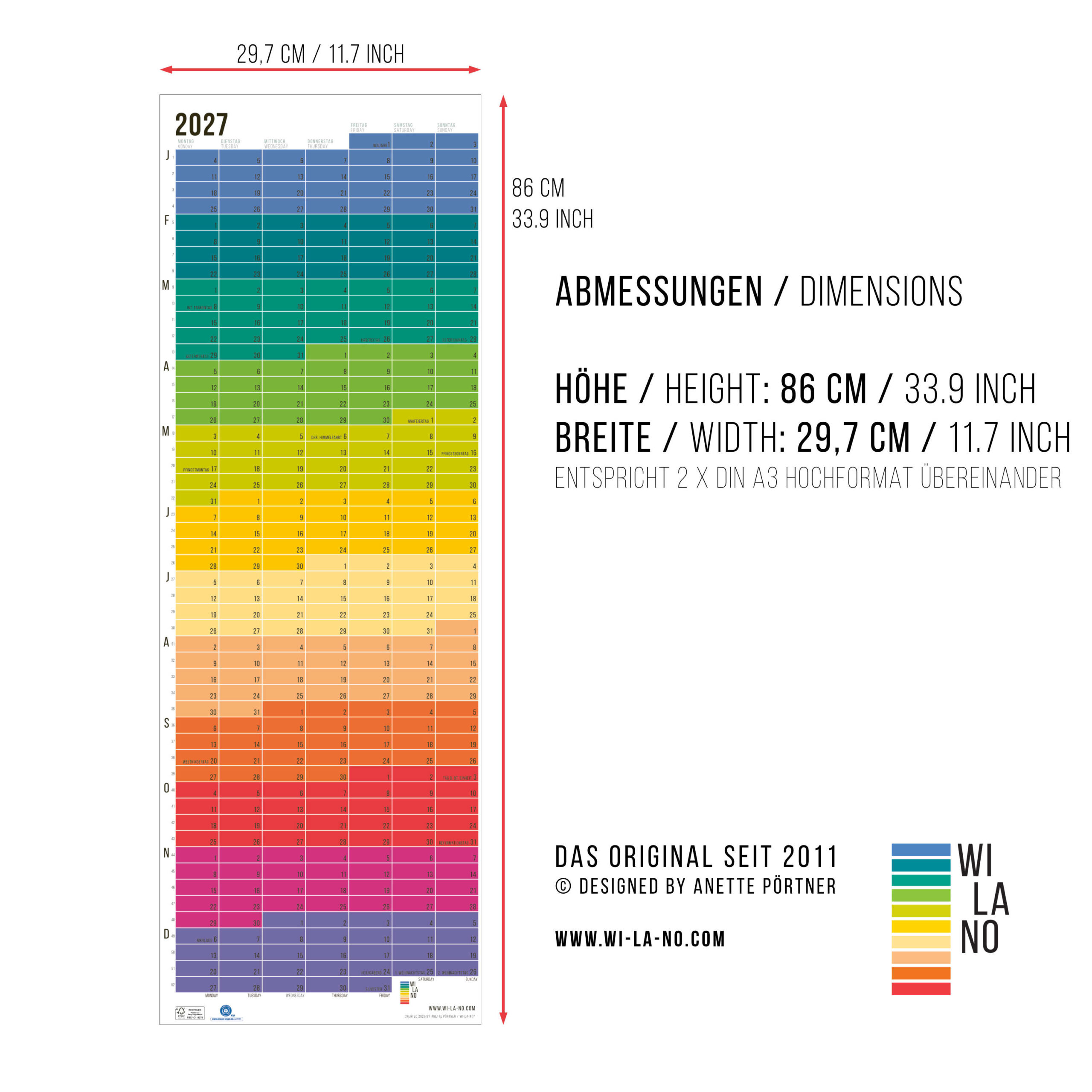 Wandkalender 2027 von Wi-La-No Rainbow Kalender Jahresplaner 2027 Homeoffice Wallplanner Designkalender