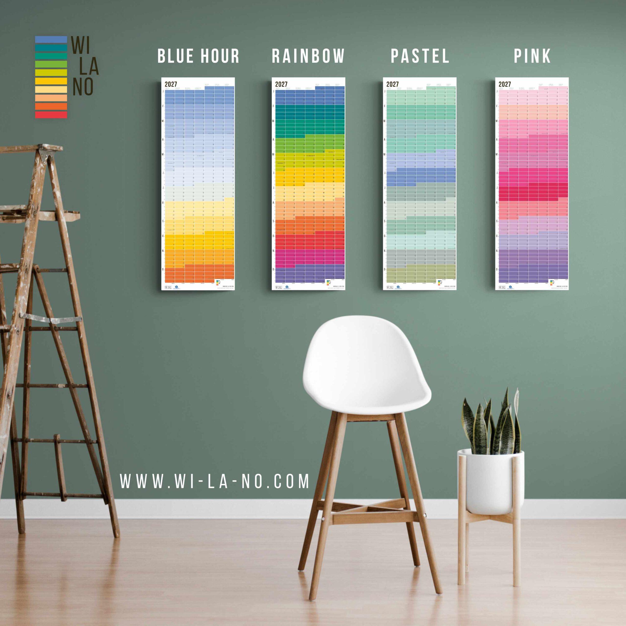 Alle vier Farbvarianten Wandkalender 2027 von Wi-La-No Bunter Kalender 2027 NEU Jahresplaner 2027 Homeoffice Wallplanner Designkalender